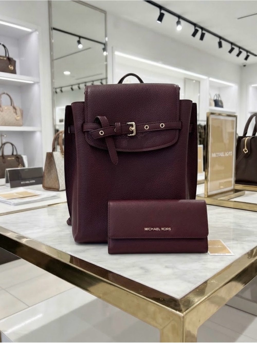 Michael Kors EUC Emilia Burgundy Pebbled Leather Backpack with Matching Wallet